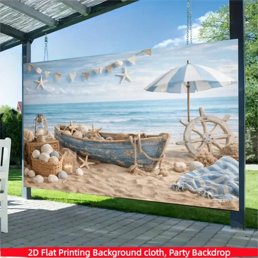 Summer Beach Photography Backdrop Nautical Ocean Seaside Theme Party Decor Coastal Boat Sand Starfish Sun Umbrella Background Prop Baby Shower Birthday Portrait Banner Studio Photo Booth Ship Wheel Lantern Vacation Aesthetic