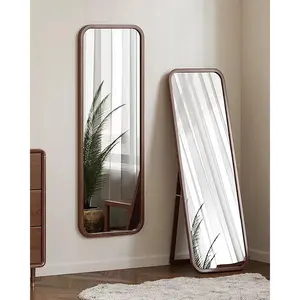 63x18 full length mirror floor mirror rounded corner full length mirror with stand standing mirror full body mirror large mirror freestanding wall mounted beech frame drak brown