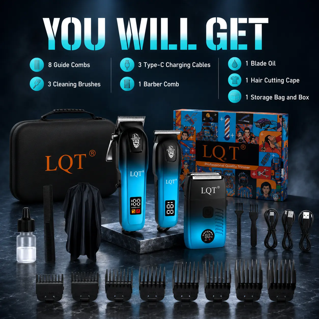 LQT Men's 3-in-1 Cordless Grooming Kit: Wireless Hair Clipper, Precision Trimmer & Shaver with Black-Blue Gradient Design