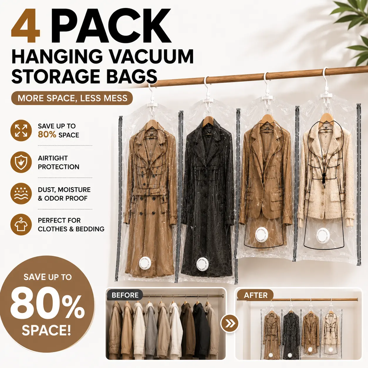 4 Pack Hanging Vacuum Storage Bags, Save 80% Space Clothing Organizer Bags, Vacuum Compression Garment Bags for Closet, Dustproof Moistureproof Storage Solution for Coats, Jackets & Dresses