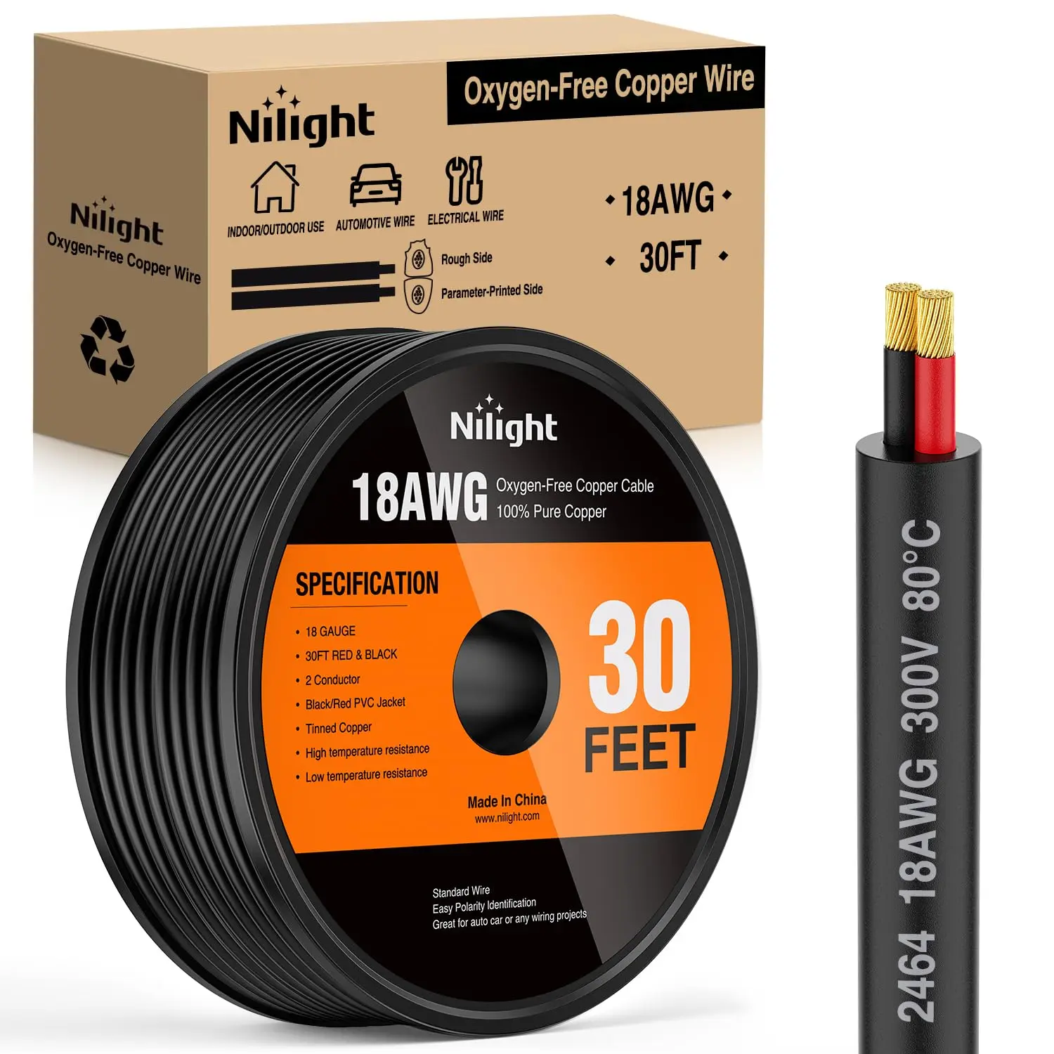 Nilight 18AWG-30ft Oxygen-Free Copper Electrical Wire, Flexible Cuttable Red-Black 2-Conductor Parallel PVC-Jacketed Cord, Anti-Oxidation High/Better Conductivity 300V DC Extension for LED Strips, Automotive Use, Direct Burial, High Conductivity, Led Ligh