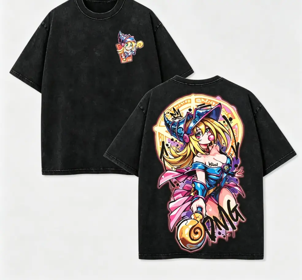 Men's Yu-Gi-Oh! Dark Magician Girl Waifu Art 2-Sided Washed T-Shirt - Everyday Round Neck, Seamless Collar, Breathable Fabric, Retro Stain Wash, Loose Vintage Cotton Casual Top