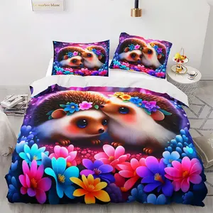 3-Piece Valentine's Day Dreamy Floral Duvet Set, Cute Cartoon Hedgehog Print Bedding, Soft Comfortable, Bedroom Dorm Room Decor