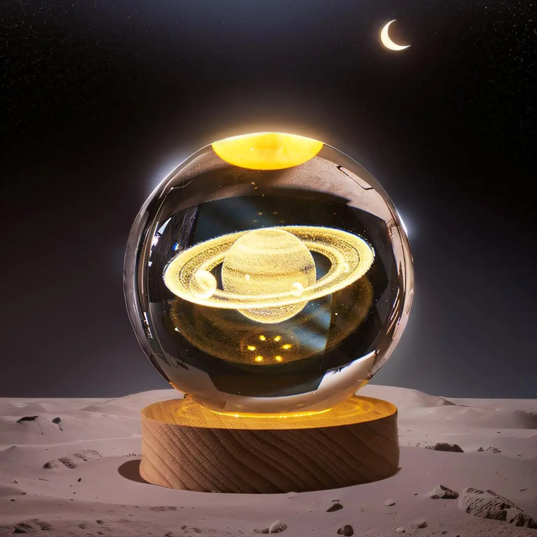 3D Saturn Crystal Ball Nightlight - High-Quality 3D Laser Etched Solar System Collectible, Mini Engraved Planet Figurine, Glass Sphere Paperweight, Indoor Lighting Crystal Bulb Novelty Lighting with Never Fades Feature & Decorative Touch