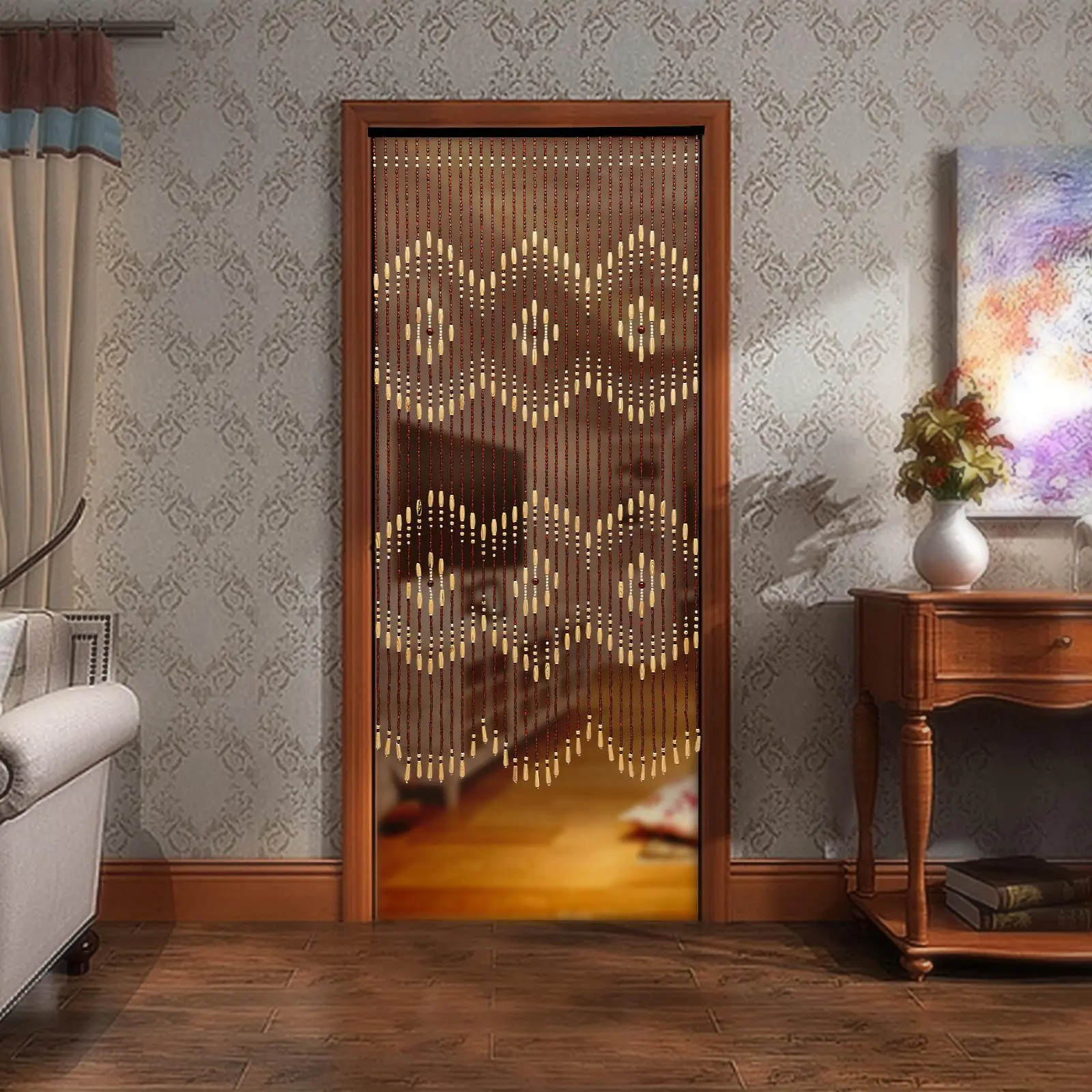 Handmade Traditional Wooden Bamboo Beaded Door Curtain - Lightweight, Foldable Light, Zigzag Floral Design, Cotton Thread, Rustproof (90x175cm) Brown Chinese Style Home Decor, Privacy Solution for Living Room, Patio Door, Living Room Decor, Wooden Beads