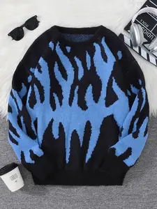 Men's Fall Winter Flame Jacquard Pullover Sweater, Casual Long Sleeve Round Neck Knitwear, Fitted Style, Daily Wear, Moderate Fabric Thickness, Menswear