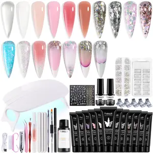 Fcozpjk Poly Nail Gel Kit with UV Light, 12Colors Clear Nude Pink Iridescent Glitter Extension Gel Builder Gel Starter Kit Base Top Coat Set Slip Solution Nail Gel Kit for Beginners with Everything