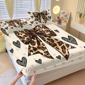 3-Piece Coquette Leopard Bow Fitted Sheet Set, 1 Fitted Sheet + 2 Pillowcases, Ultra Soft Breathable Fabric, Deep Pocket Non-Slip Mattress Cover, Aesthetic Animal Print Bedding for Girls Bedroom Dorm