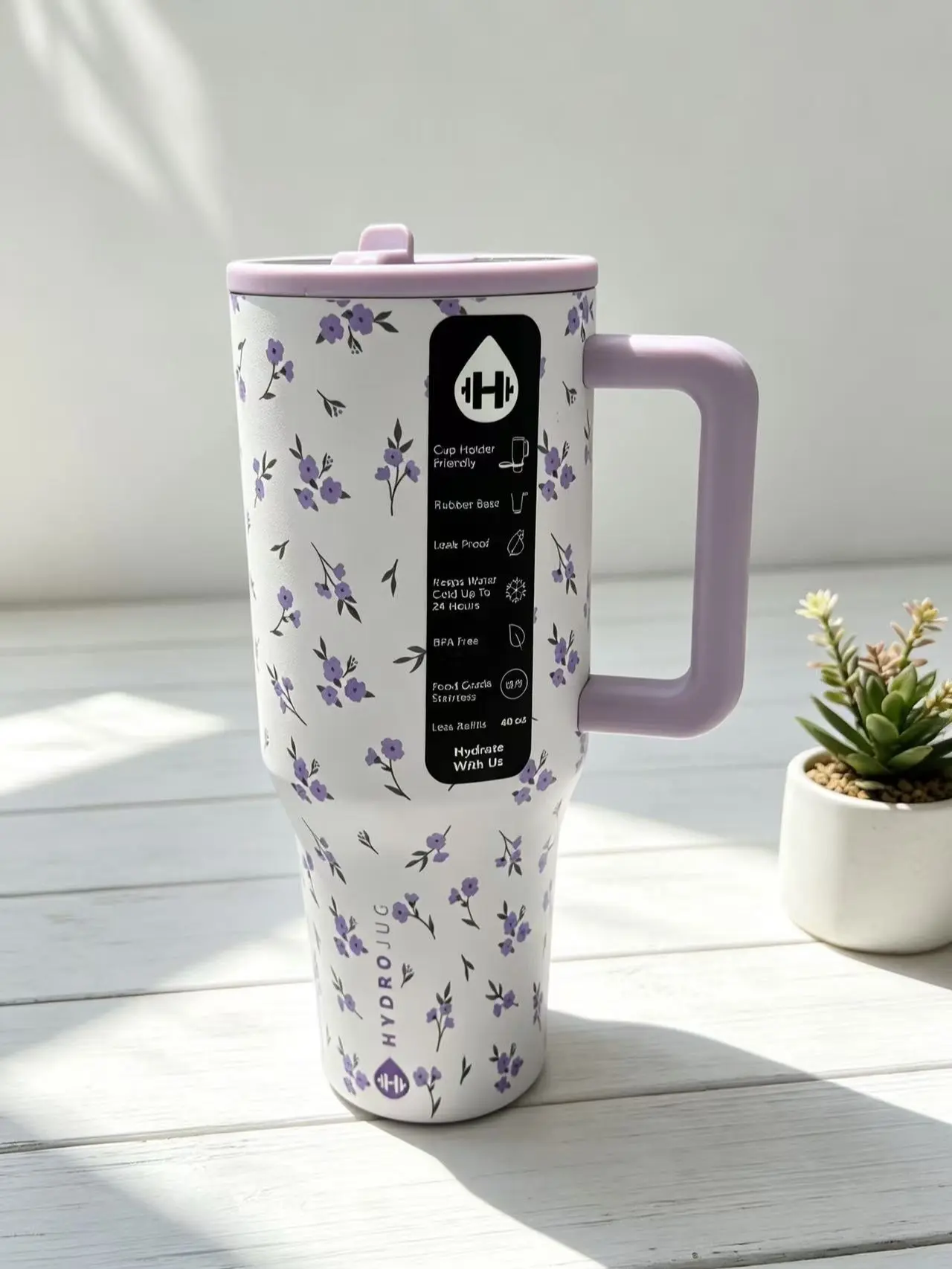HydroJug 40oz Durable Stainless Steel Insulated Tumbler Mug Water Bottle - Purple Floral Pattern, Handle-Equipped, Leak-Proof, Portable, With Lid, Car Use, Washable Reusable Kitchenware Drinkware Travel Mug