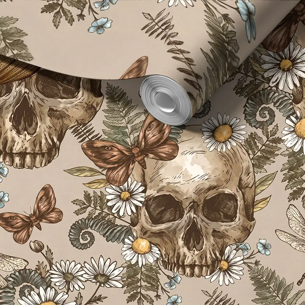Peel & Stick Gothic Cottagecore Wallpaper, Neutral Tone Skull & Wildflower Print, Mould-Proof, Removable, No Residue, Living Room Decor, Decorative Wallpaper, Floral Wallpaper Peel And Stick, Self Stick Wallpaper
