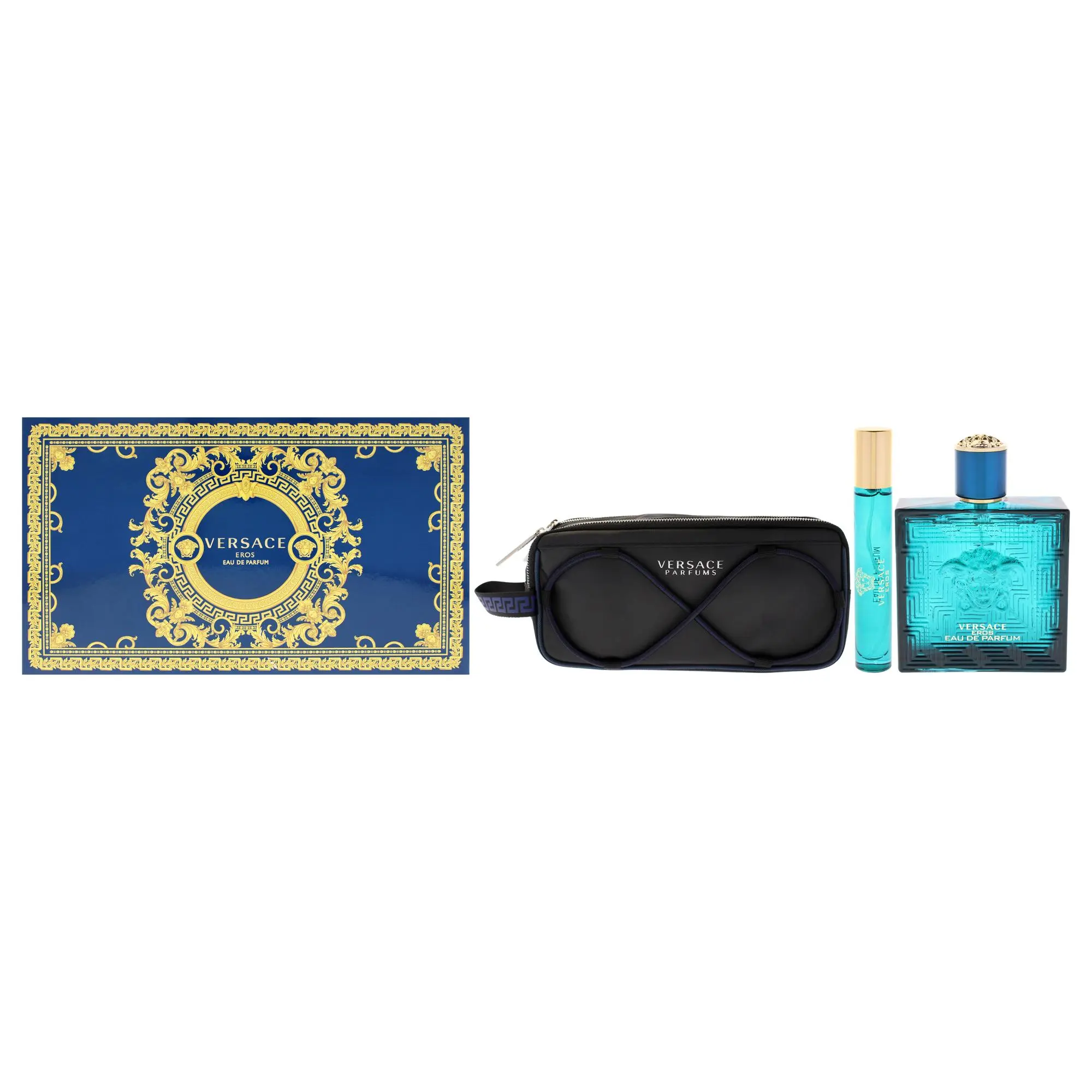 Versace Eros by Versace for Men - 3 Pc Gift Set - 3.4oz EDP Spray, 0.3oz EDP Spray (Mini), Pouch