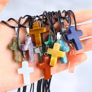 20pcs Mixed Natural Stone Cross Pendant with Black Cord Set - Quartz Synthetic Gemstone Jewelry, Suitable for DIY Crafting Necklaces, Bracelets, and Earrings, Necklace Making Kit, Handmade Accessories, Minimalist Jewelry, Bohemian Jewelry