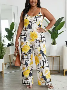 Plus Size Women's Floral Print Halter Romper, Halter Neck Jumpsuit, Loose Fit Wide Leg Casual Summer Set, Pocket Design, Comfortable and Stylish