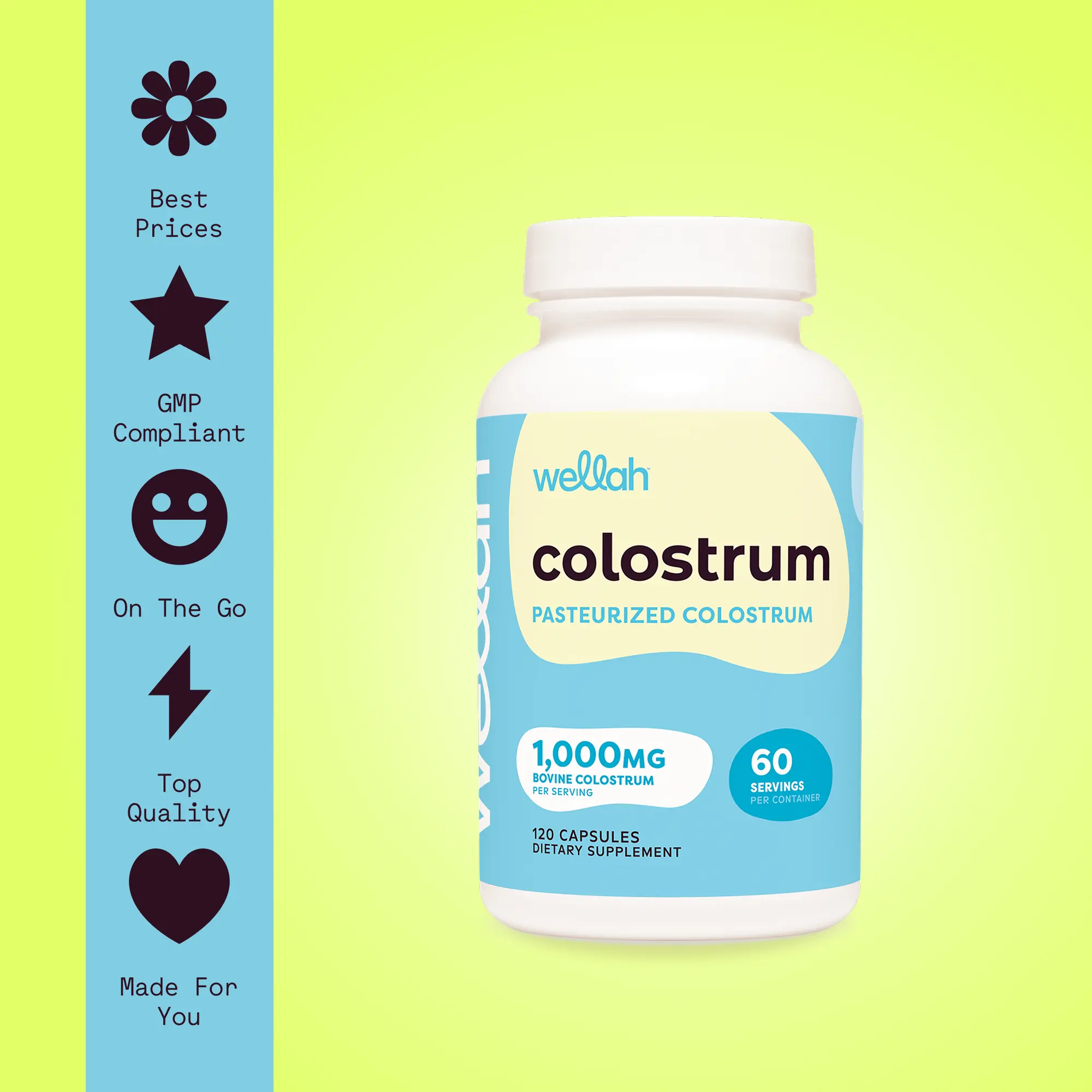 Wellah Colostrum Capsules - 1000mg Pasteurized Bovine Colostrum - 60 Servings - Health Probiotics & Antioxidant Drink - Dietary Supplement Healthcare Vitamin
