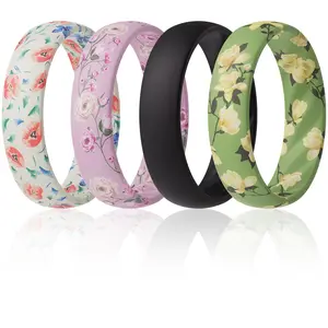 ThunderFit Silicone Ring Wedding Bands for Women, Promise Rings with Elegant Wavy Grooves, 6mm Wide, 2mm Thick, Breathable, Women's Rubber Engagement Rings, 4/8 Variety Multipack