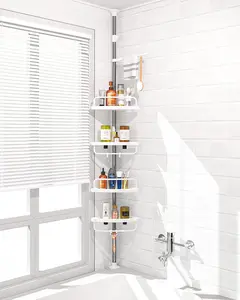 4 Tier Corner Shower Organizer – Stainless Steel Tension Pole Shower Caddy, Adjustable Height 3.3–9.8 ft, Rustproof Bathroom Storage Shelf