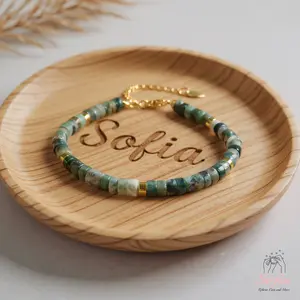 Moss Agate Bracelet - Green Tree Agate Barrel Stone Beads Bracelet Gold Clasp - Healing Bracelet Gift for Her - 2x4mm Natural Stone - Adjustable Fit - Elegant & Versatile for Adults