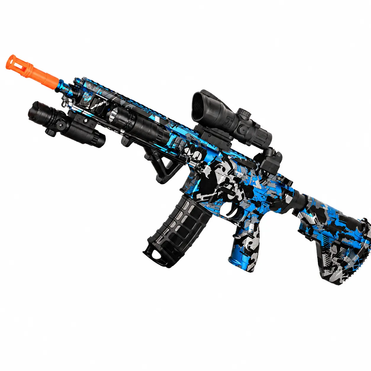 Rechargeable Toy Blaster for Kids, with Bright Orange Safety Tip, Adjustable Stock, Detachable Scope, Light Accessory, 2 Magazine Options – Toy Gun for Outdoor Play