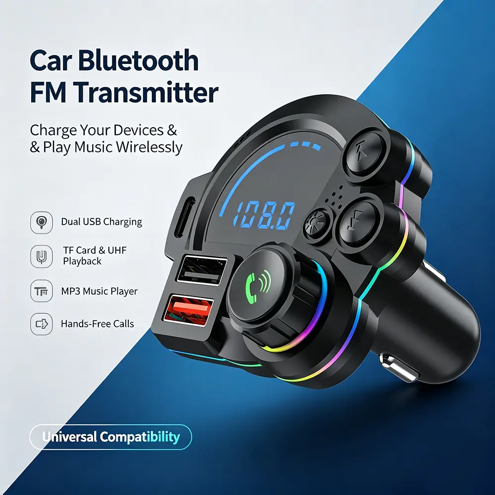 Car Bluetooth 5.3 FM Transmitter Fast Charger - Car Wireless Adapter with 30W PD Type-C Port, Dual USB Ports, Audio Boost Bass Enhancer, RGB Rainbow LED Light, Hands-Free Calling, MP3 Music Player for 12V-24V Vehicles power hub fusible