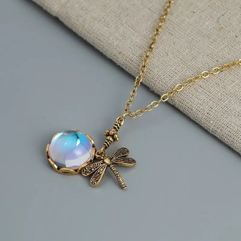 Hand Carved Dragonfly Pendant Necklace for Women - Vintage Bronze with Faux Green Stone - Ethnic Silvery Color Round Shape Neck Jewelry