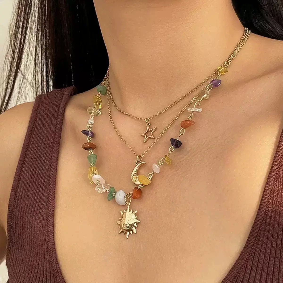 Women's Gold-Plated 3-Layer Celestial Necklace - Handcrafted Bohemian Astrology Pendant with Sun-Moon-Mystic Star Charms, Multi-Toned Gemstones, Witchy Jewelry, Accessories for Women, Mystic Star Graphic & Multi-Toned Necklaces for Festivals, Daily Wear