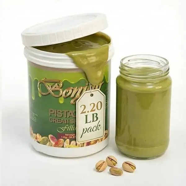 Bonjour Pistachio Cream for Dubai Chocolate, Filling, Topping & Bread - Non-GMO, No Palm Oil - Premium Smooth 1kg Bulk Jar Pistachio Butter Spread Paste for Bakery, Wholesale & Restaurant, 2.20 LB