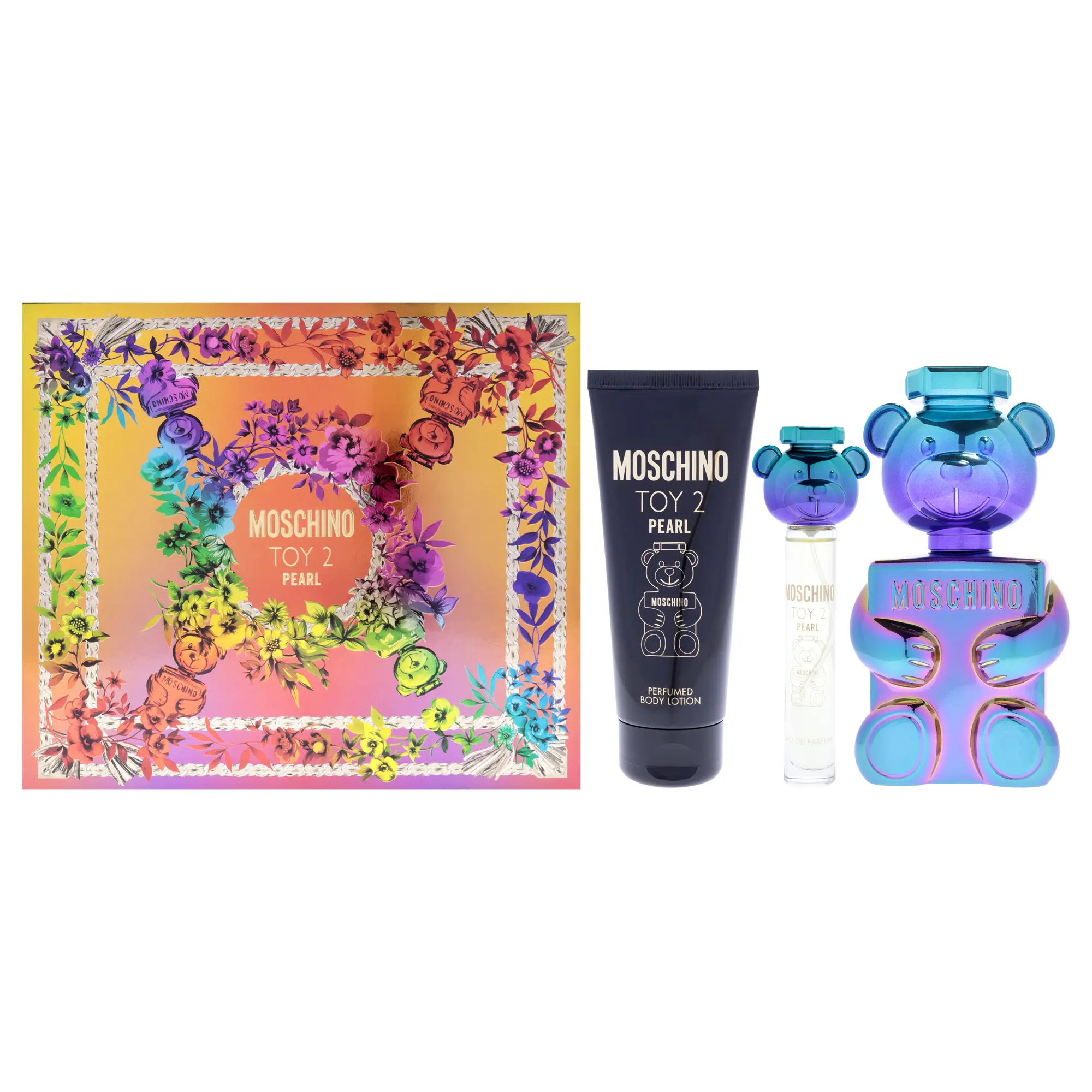 Moschino Toy 2 Pearl 3-Piece Unisex Fragrance Gift Set in Colorful Box with 3.4oz EDP, Body Lotion & 0.3oz Mini Spray