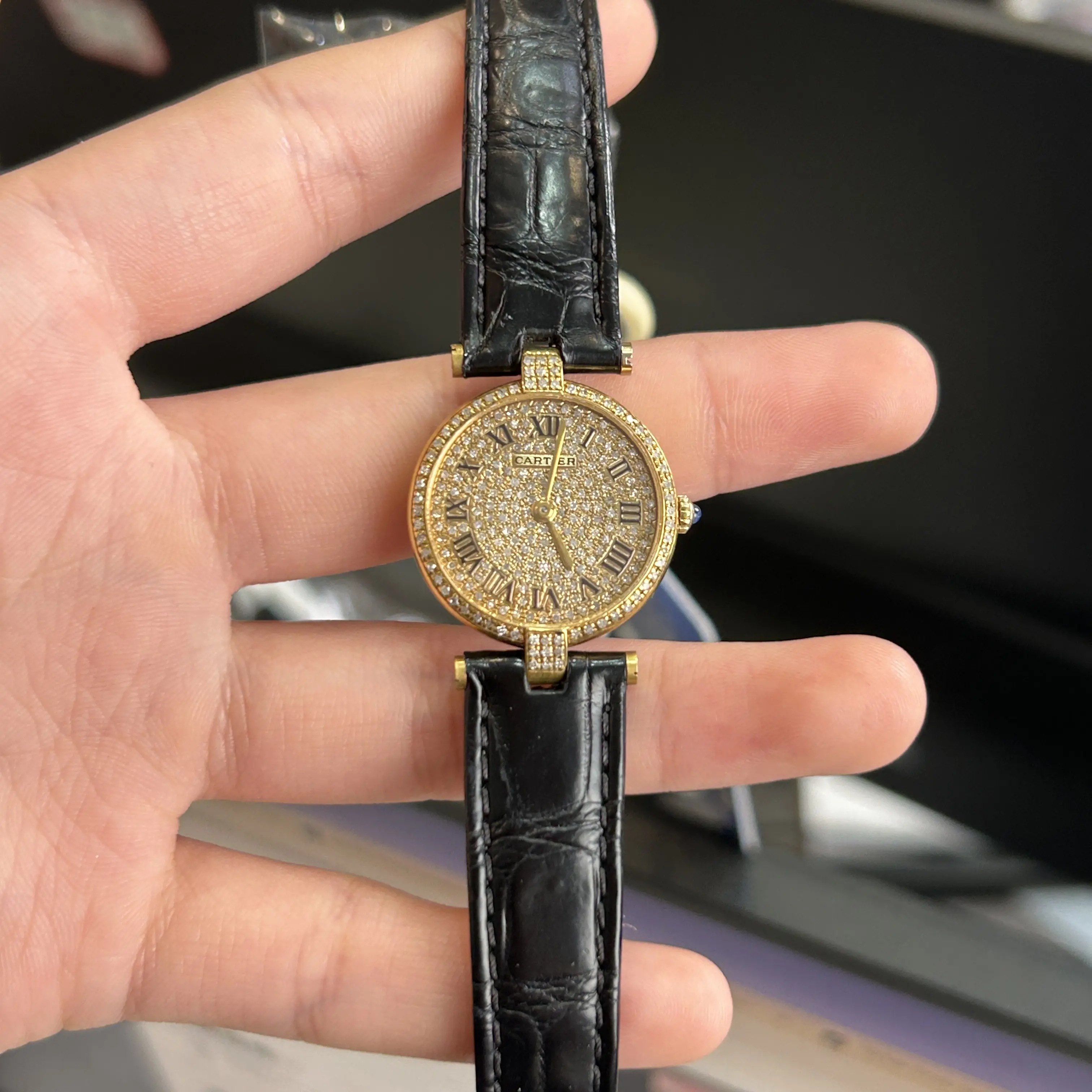 Cartier 18K Gold Over Silver 24mm Gold-Plated Silver Quartz Watch with Aftermarket Full-Pavé Diamonds WHP039265