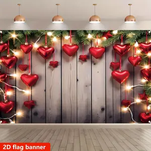 Summervibes 1PC 2D Flat Polyester Festival Decoration Backdrop - Valentine's Day Red Heart-Themed Hanging Cloth with Wooden Wall, Pine Branches, Light Strings, Reusable Outdoor Banners for Party Photo-Live Background, Birthday Scenarios