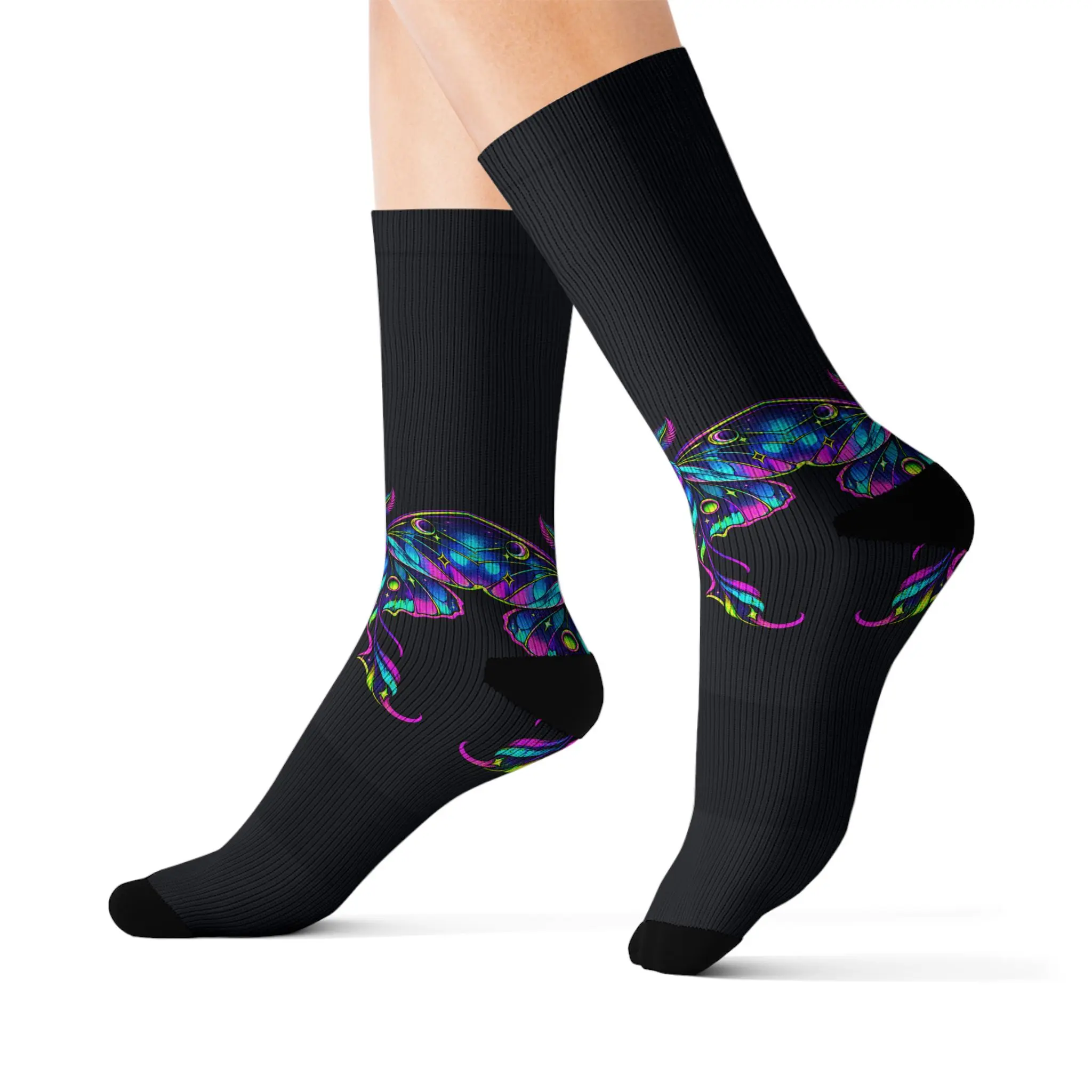 Neon Luna Moth Socks, Cosmic All-Over Print Crew Socks, Celestial Gift Womenswear Accessory