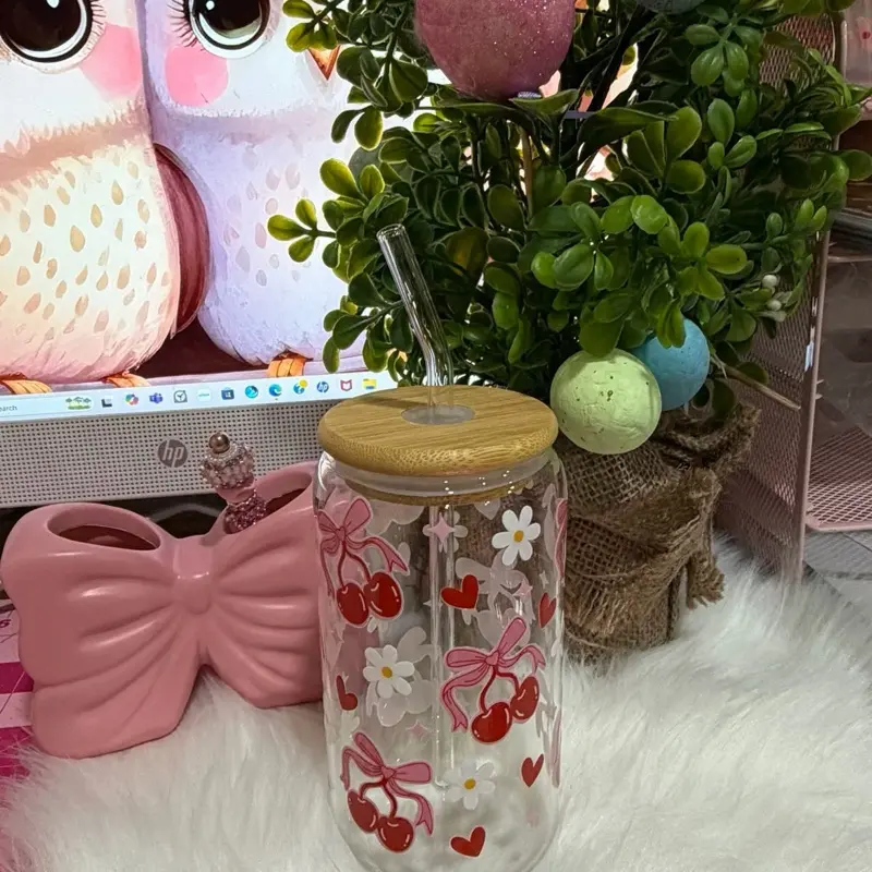 16 oz Clear Glass Jar with Bamboo Lid, Cherry Floral Hearts Design .! Bottles