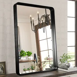 New Black Matte Metal Framed Bathroom Mirror for Wall Vanity Rectangle Rounded Corner Tempered Glass Mirror Clear Reflection Modern Farmhouse Style (Horizontally or Vertically)