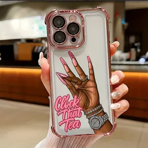 Pink creative clock and tea leaf design, four-corner anti-drop and anti-slip TPU full-coverage electroplated phone case, suitable for iPhone 17, 16, 15, 14, 13, 12, 11, XS, X and other series models, can be given as a gift to friends or family.