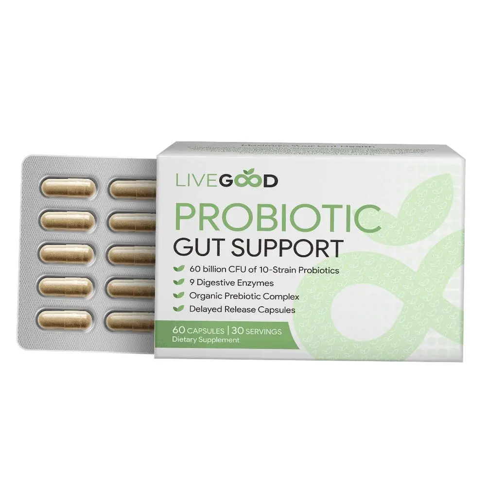 LiveGood Debloat Probiotic Gut Support Dietary Capsules - Sugar-Free Supplement Routine with Digestive Enzymes, Prebiotics, Vitamins, Dairy-Free for Daily Bloating Relief & Body Nutrition