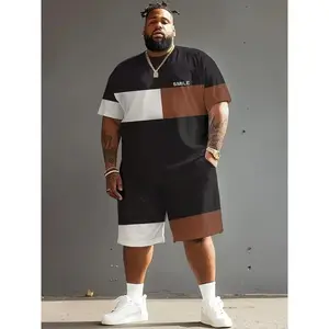 [Plus Size Sportswear] 1set Men's Plus Size Casual Sportswear Set - Black and White Block Print, Round Neck Short Sleeve T-Shirt and Shorts - Polyester and Spandex Blend, Knitted Fabric, Regular Fit - Comfort Fit(Sheets)