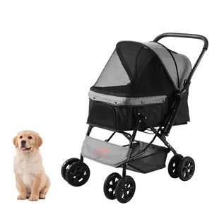 TikTokShopBlackFridayVEVOR Pet Stroller, 4 Wheels Dog Stroller Rotate with Brakes, 44lbs Weight Capacity, Puppy Stroller with Reversible Handlebar, Storage Basket and Zipper, for Dogs and Cats Travel, Black+Grey