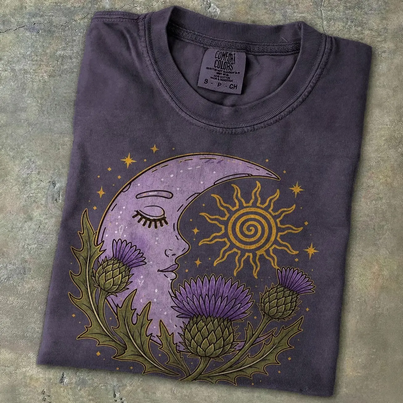 Scottish Thistle Moon Shirt Celestial Floral Tee Cottagecore Sun Stars Retro T-shirt Witchy Botanical Highland Scotland Travel Gift For Her A744