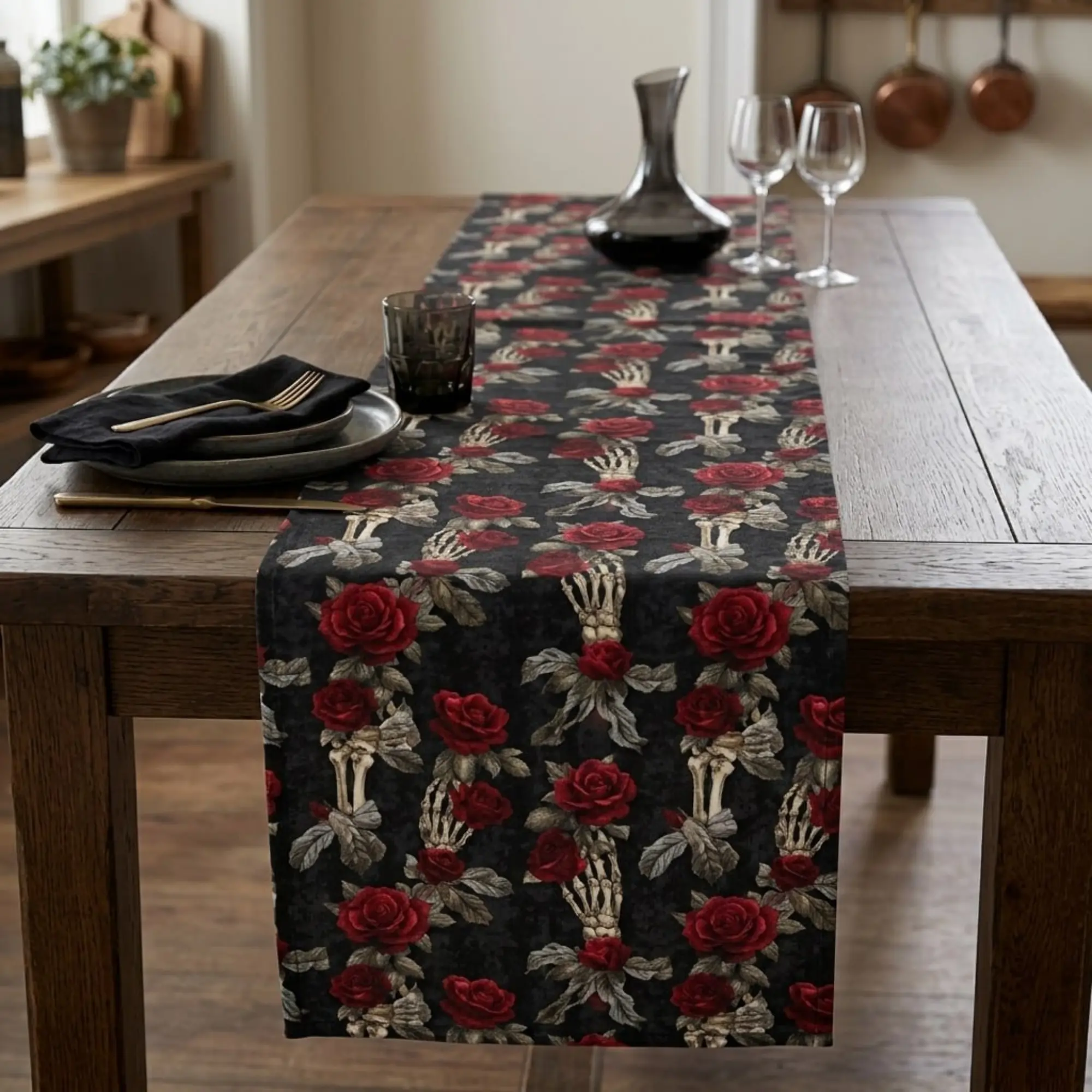 Gothic Rose Skeleton Hand Table Runner – Halloween Table Decor, Dark Floral Dining Table Runner, Gothic Kitchen Decor, Spooky Home Party Decoration