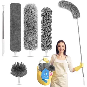 Microfiber Feather Duster 5-in-1 Cleaning Kit, Duster with 100 Inches Extension Pole, Cobweb Microfiber Dusters for High Ceilings Fans Blinds Cars and Furniture