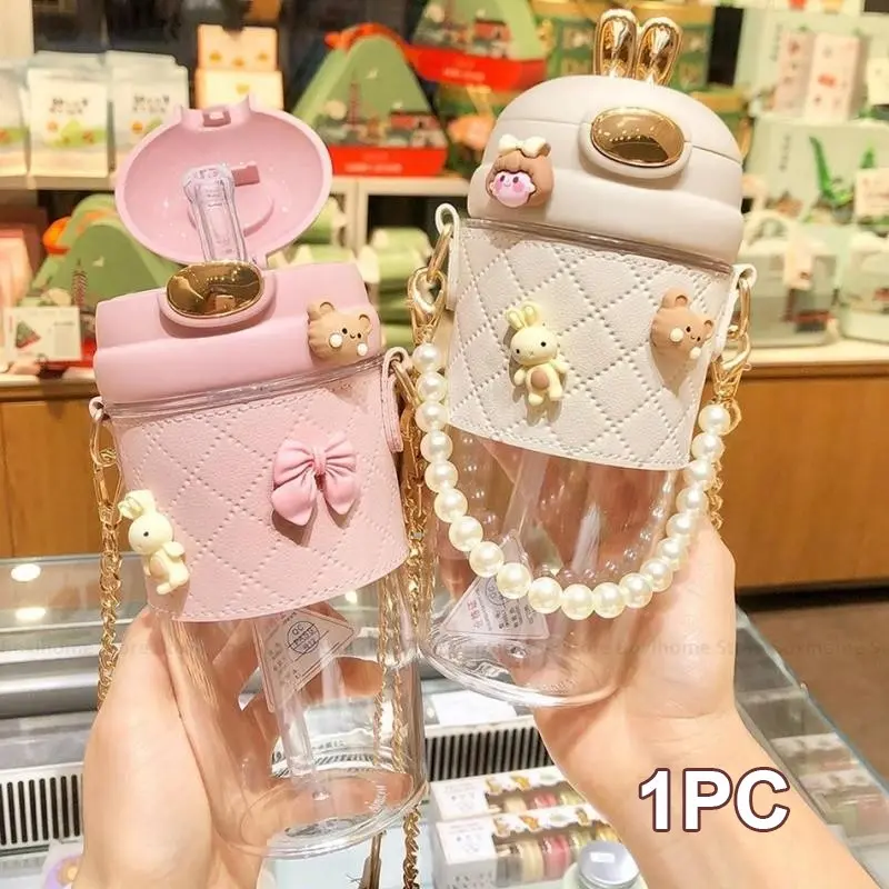 Kawaii Cute Straw Water Bottle with Strap Portable Drinkware Bottle Leakproof BPA Free Drinking Cup for Girls Kids School Travel Outdoor Daily Use Includes 3D Patch & Bracelet Clear Water Bottle