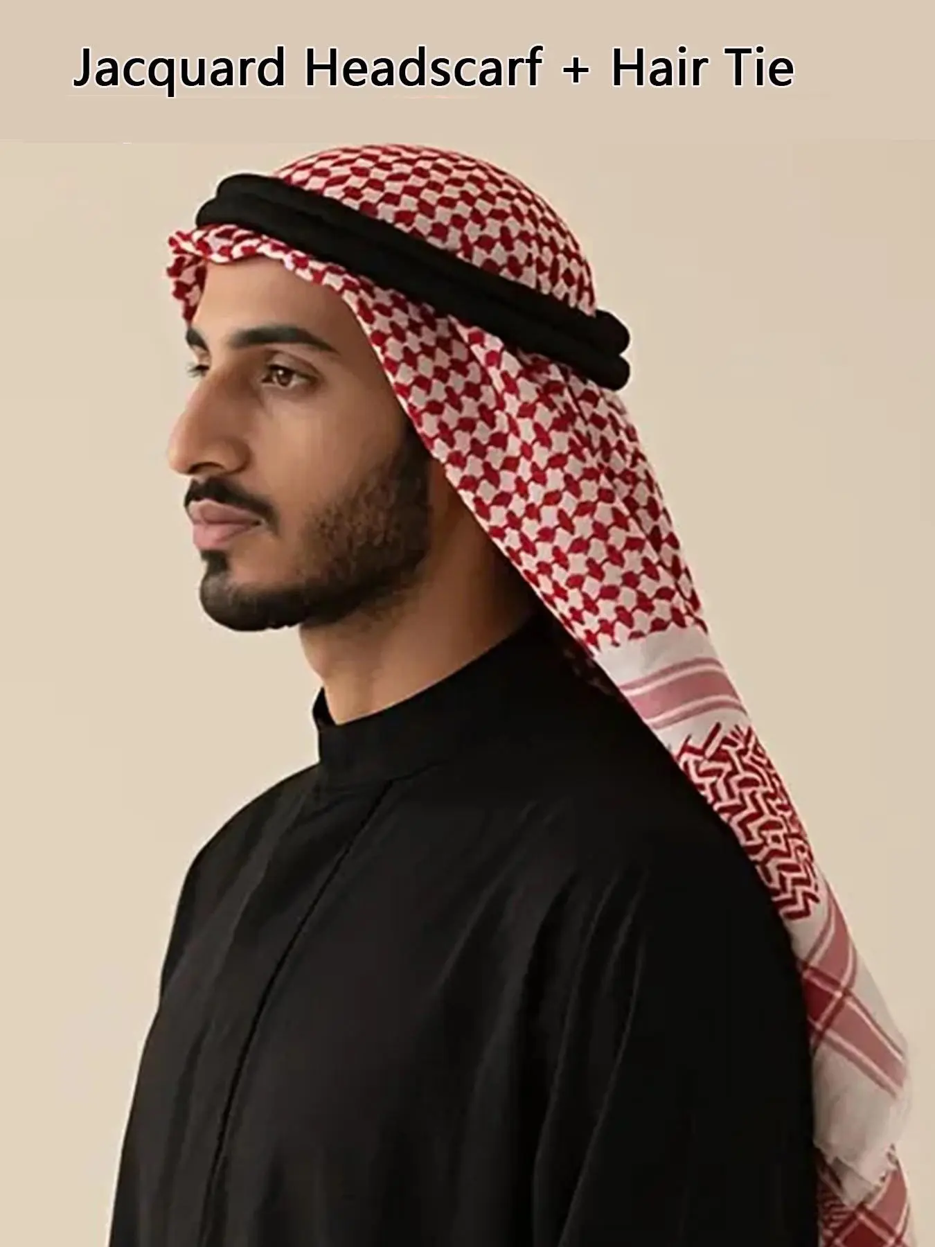Men's Traditional Arabic Headscarf Set, Keffiyeh Wrap, Ethnic Pattern Loose-Fitting Fashion Headscarf with Hair Tie, All Seasons Middle Eastern Headwear, Cultural Accent
