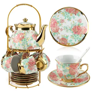 20 Pack Porcelain Tea Set for Adults, European Style Ceramic Tea Set Flower Ceramic Tea Cups (3oz), Teapot (15oz), & Saucers with Metal Holder for Women Tea Party