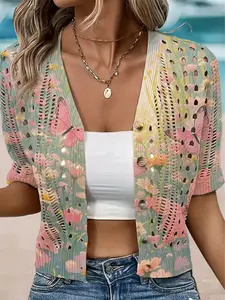 Fashion Butterfly Print Cut Out Short Sleeve Knit Cardigan, Casual Loose-Fitting Outer Vest for Commute, Versatile Women's Clothing