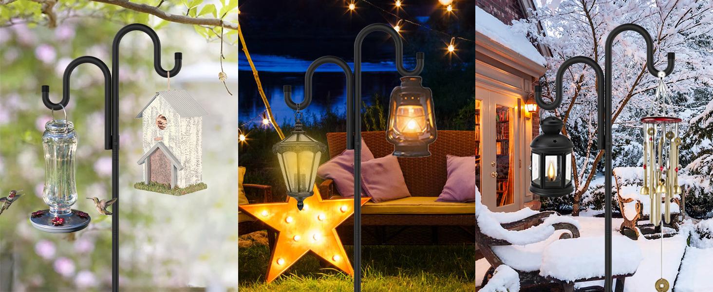 Double Shepherds Hooks for Outdoor,62 Inch/76 Inch/92 Inch, 2-Pack Heavy Duty Garden Pole for Hanging Bird Feeder, Plant Baskets, Solar Light Lanterns, Garden Plant Hanger Stands with 5 Base Prongs