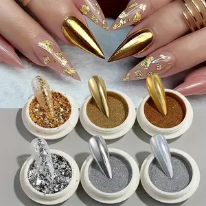 Gold Silver Metal Chrome Mirror Nail Powder, Laser Glitter Foil with Irregular Pieces, Multi-Color Magic Mirror Effect, Oxide Titanium Nail Art Supplies, Nail Art Design
