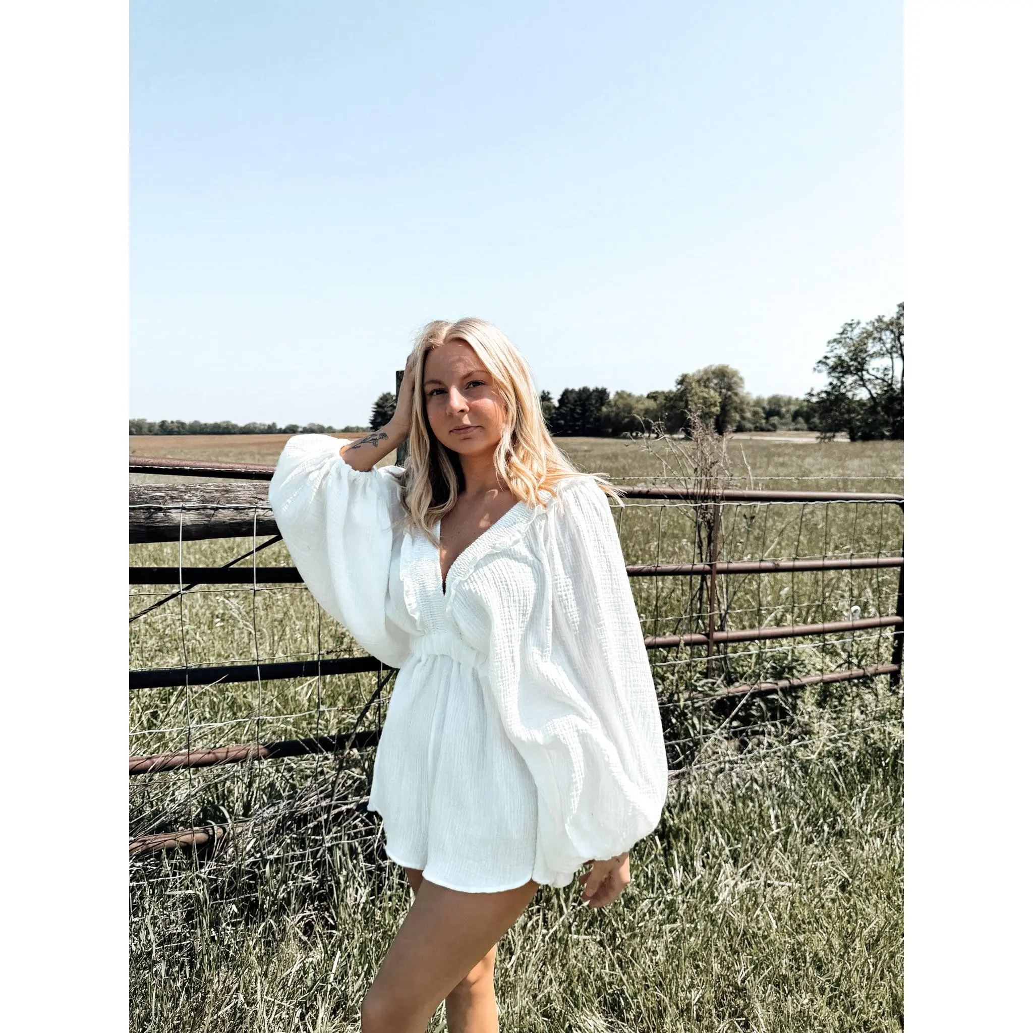 V-neck ruffled woven romper (final sale)