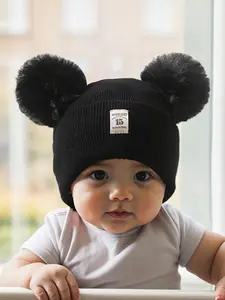 Double Ball Knit Hat for Kids Aged 3-12, Casual Style Newborn Beanie, Outdoor Warm Winter Cap, Daily Commute Essential, Knitted Winter Hat