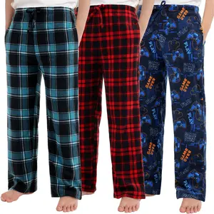 L-AS038   3 Pack Boys Long Bottoms Soft Microfleece Pants with Pockets Printed Plaid Pants for Kids Size 6-16 Years