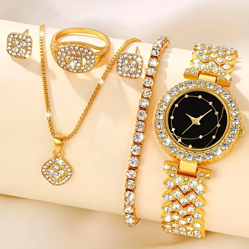 Women's Butterflies Set, 6-Piece Elegant Alloy Jewellery with Rhinestone Quartz Watch & Bracelets, Bedazzling Style for Daily Wear