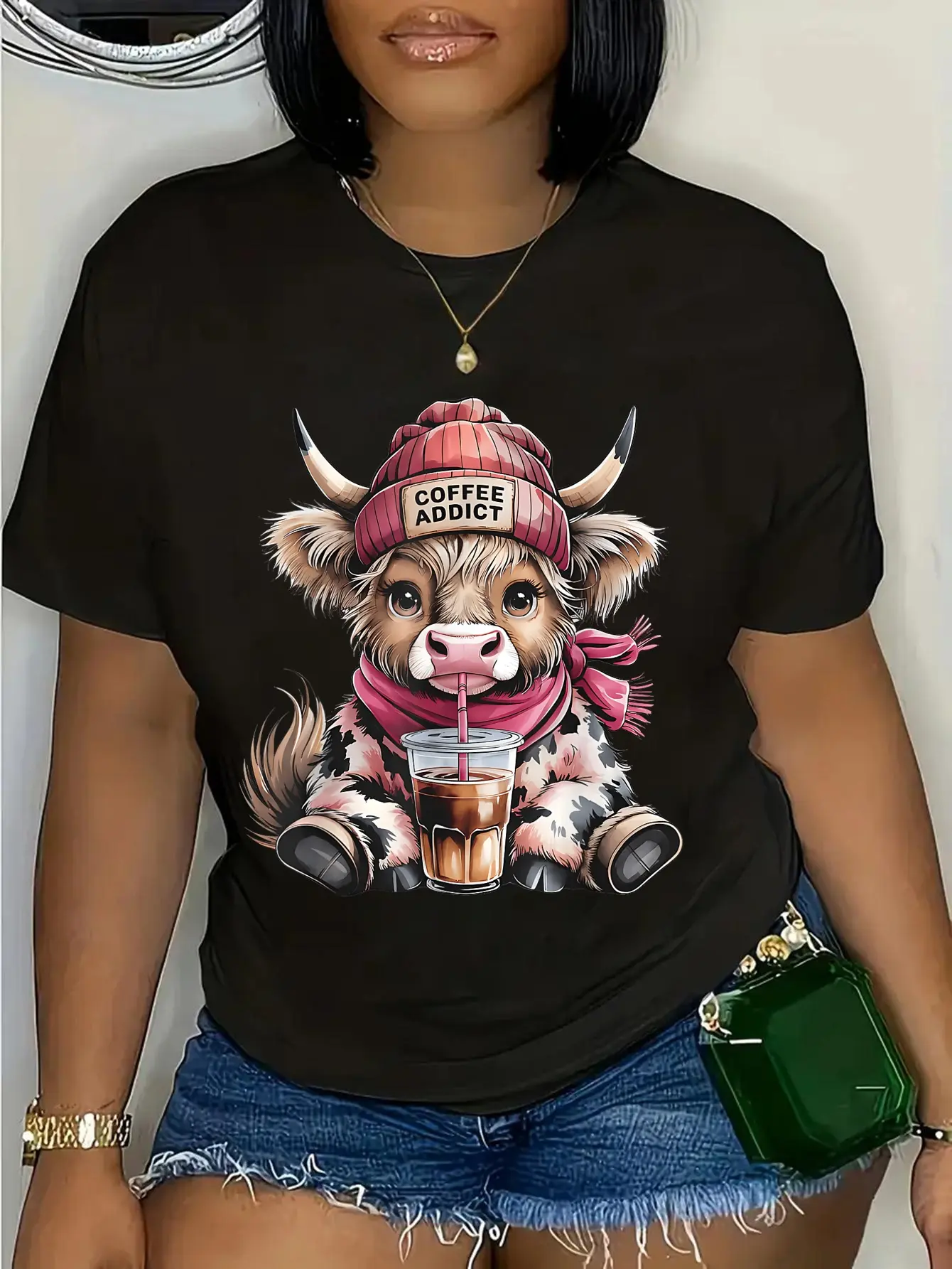100% Cotton Unisex Women's Highland Cow Shirt Coffee Addict Cute Gifts T-Shirt